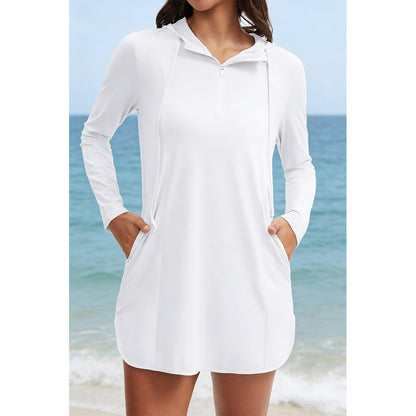 Attraco Women's UPF 50+ Hooded Quarter Zip Rash Guard with Zipper Pockets Beach Swimsuit Swimsuit Cover Up