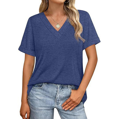 Attraco Women's V Neck Rolled Cuff Short Sleeve Loose Fit Casual T-Shirt Summer Tops