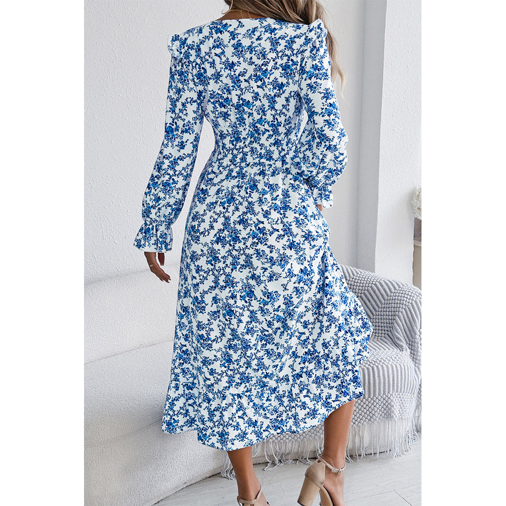Attraco Women Surplice V Neck Smocked Long Sleeve Tiered Midi Ditsy Floral Dress