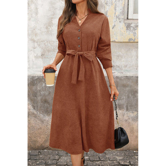 Attraco Women Notch V Neck Corduroy Midi Dress Long Sleeve Button Front Self Tie Waist A Line Dress