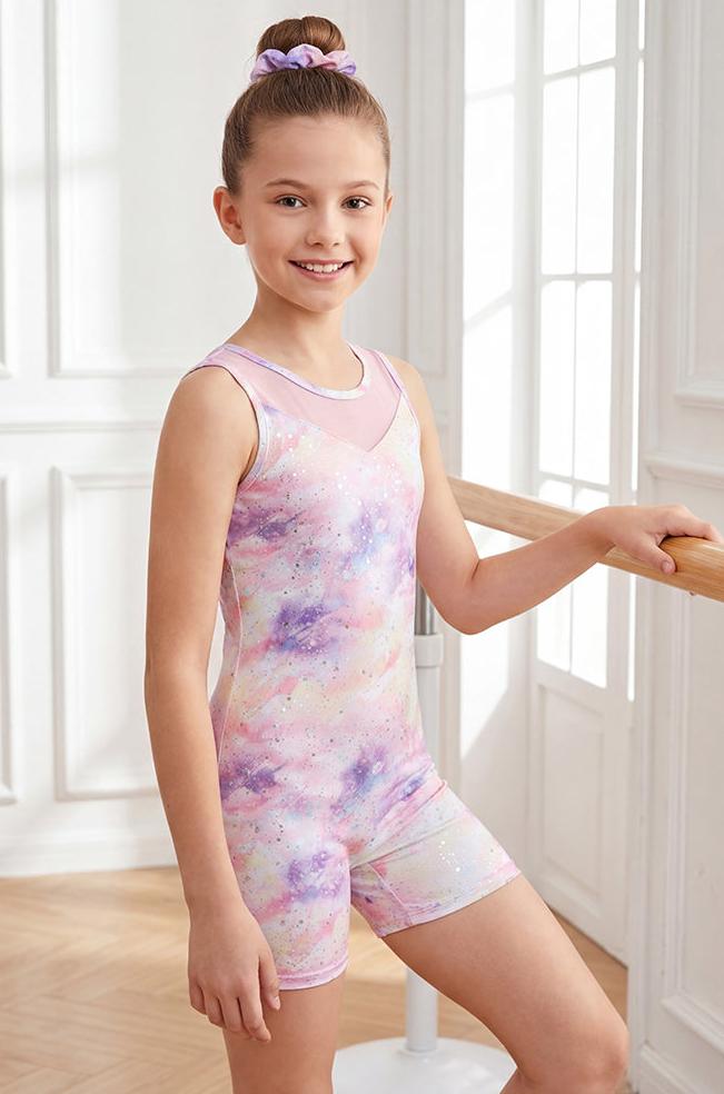 Girls' Mesh Panel Printed Bike Short Gymnastics Biketard Leotard Activewear Dancewear-131055