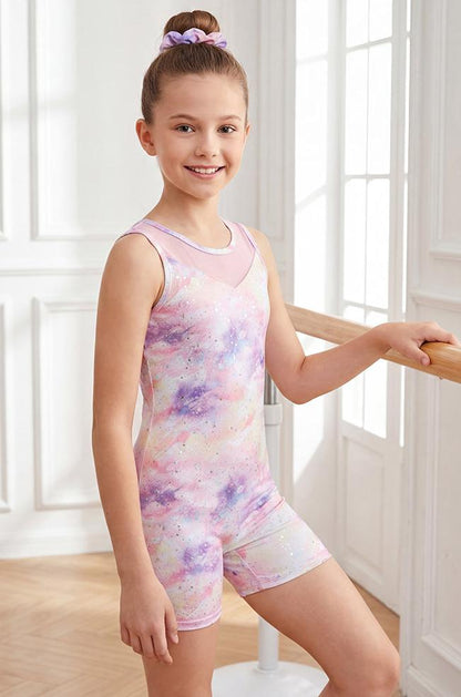 Girls' Mesh Panel Printed Bike Short Gymnastics Biketard Leotard Activewear Dancewear-131055