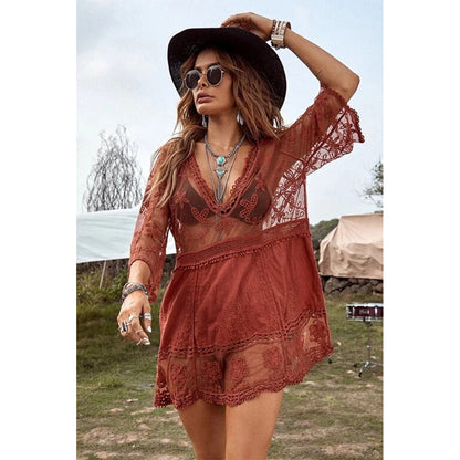 Charmo Women's Lace Embroidery V-Neck Cover Up  with Half Sleeves & Flowy Hem Mini Dress