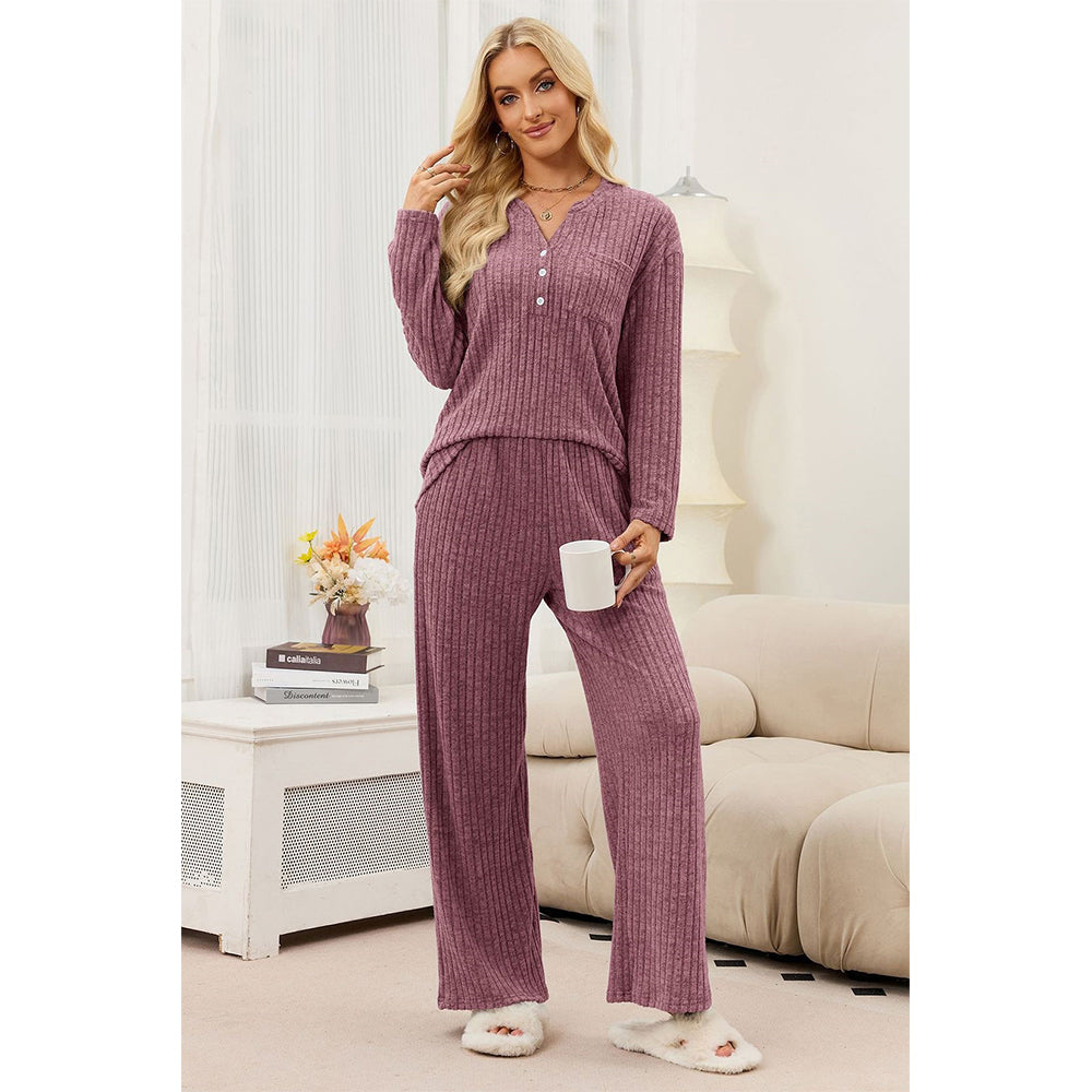 Attraco Women's Ribbed Pajama Set 2 Piece Lounge Set Long Sleeve Henley Top Wide Leg Pants Soft Knit Sleepwear