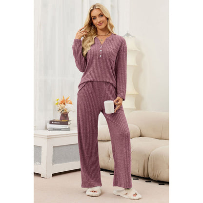 Attraco Women's Ribbed Pajama Set 2 Piece Lounge Set Long Sleeve Henley Top Wide Leg Pants Soft Knit Sleepwear