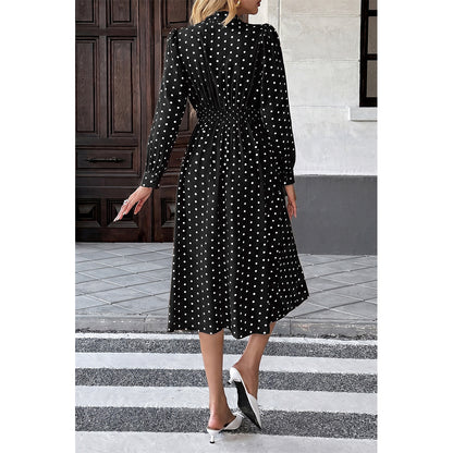 Attraco Women Bow Tie Neck Long Sleeve Polka Dot Midi Dress