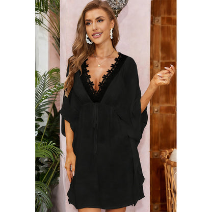 Charmo Women's Batwing Sleeve Lace Trim V Neck Back Tie Cover Ups For Summer Wear