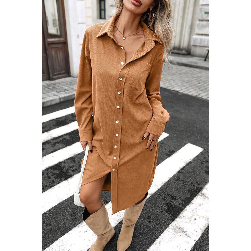 Attraco Women's Corduroy Shirt Dress, Solid Long Sleeve Button-Down Long Dress with Collar