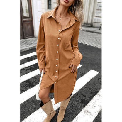 Attraco Women's Corduroy Shirt Dress, Solid Long Sleeve Button-Down Long Dress with Collar