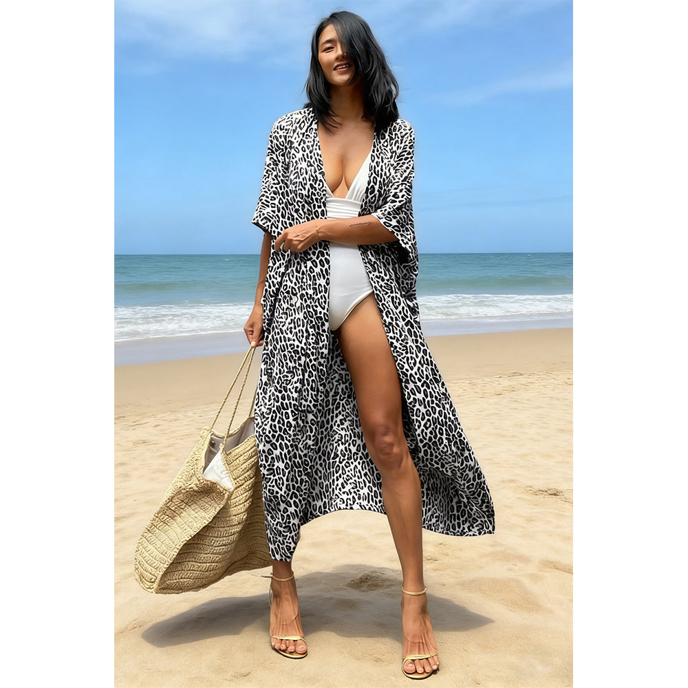 Charmo Women's Leopard Print Kimono Style Open Front Tie Waist Cover Up Swimming Maxi Dress