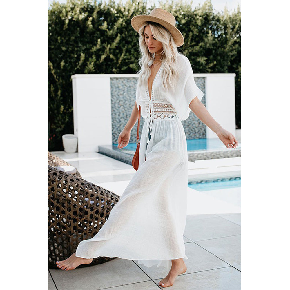 Charmo Women's Short Sleeve Maxi Cover Up Dress with Cutout Waist Drawstring & Side Slits