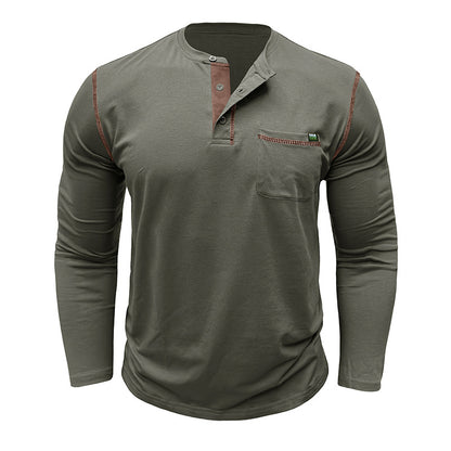 Attraco Men's Long Sleeve Henley Shirt Color Block Casual Pocketed T-Shirt Tops