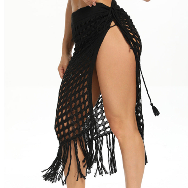 Charmo Women's Crochet Openwork Slit Hem Fringe Beach Cover Up Skirt