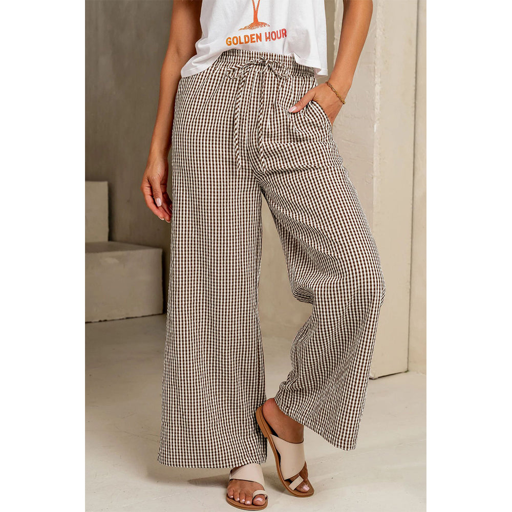 Attraco Women's Gingham Wide Leg Pants with Drawstring Waist & Pockets