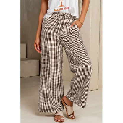 Attraco Women's Gingham Wide Leg Pants with Drawstring Waist & Pockets