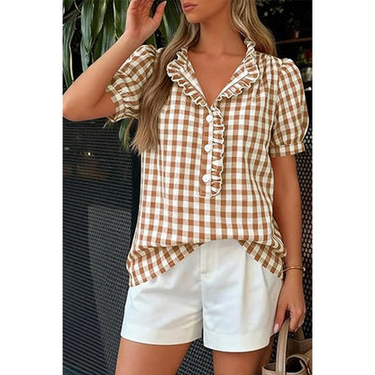 Attraco Womens Puff Short Sleeve Summer Tops Striped Plaid Ruffle V Neck Button Down Shirts Business Casual Work Blouses