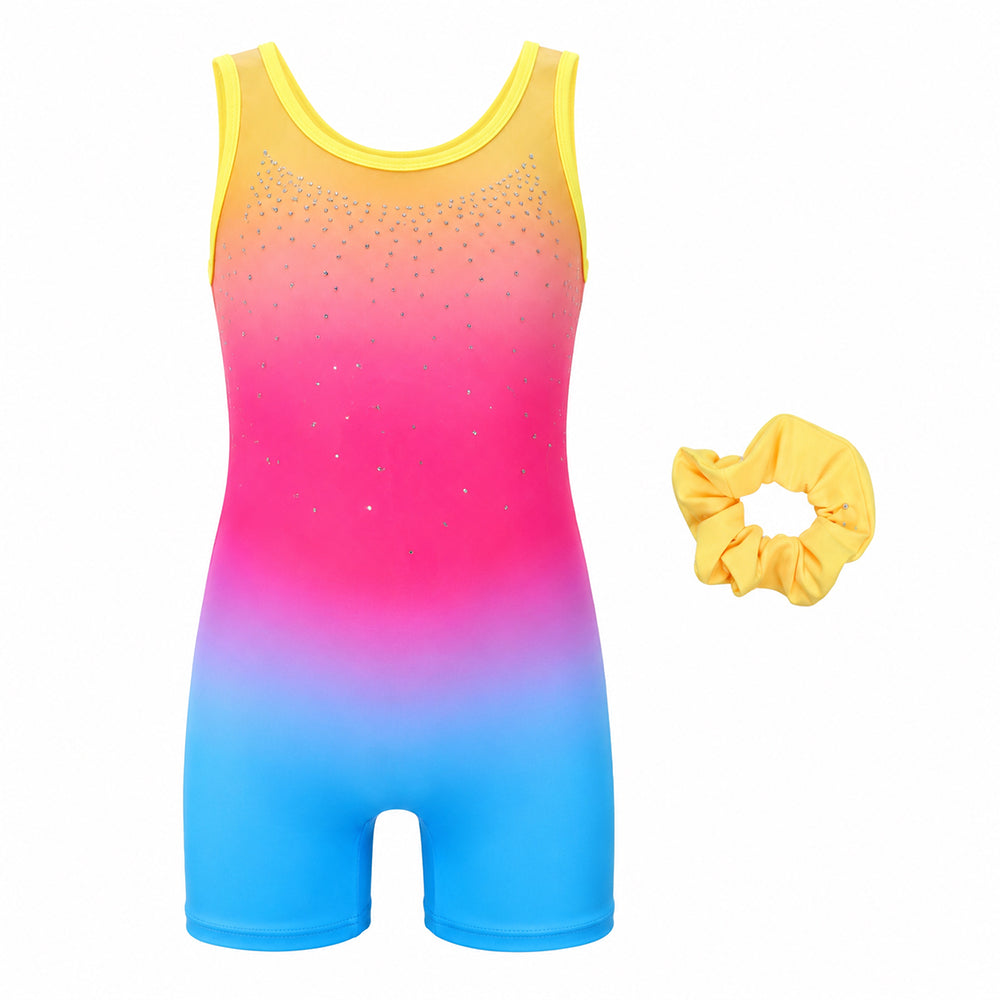 Charmo Girls Sleeveless Gymnastics Biketard Leotard with Rhinestone Detail, Stretch Athletic Unitard for Dance, Ballet, Tumbling and Training 5-12Years