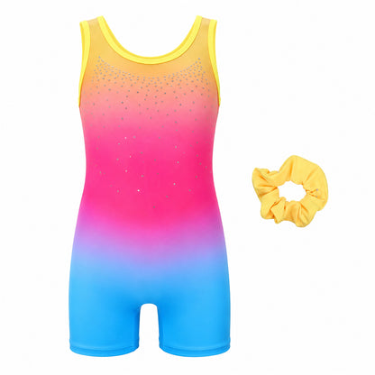 Charmo Girls Sleeveless Gymnastics Biketard Leotard with Rhinestone Detail, Stretch Athletic Unitard for Dance, Ballet, Tumbling and Training 5-12Years