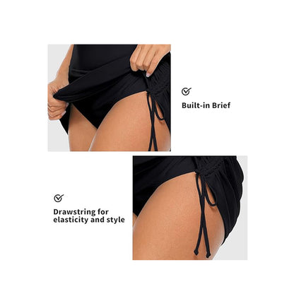 Charmo Women's High Waisted Swim Skirt with Adjustable Side Ruched Drawstring and Built-in Brief
