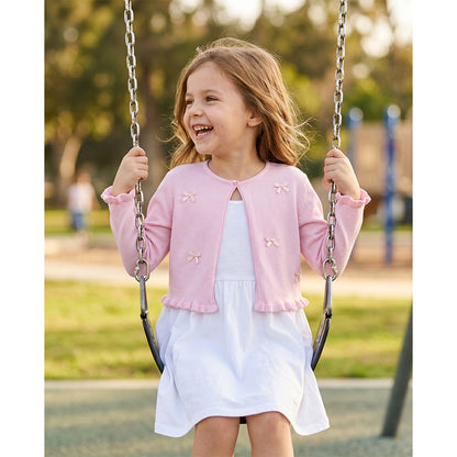 Attraco Girls' 100% Cotton Bow Knit Cardigan Sweater, Long Sleeve Crewneck Ruffle Hem Cropped Bolero Shrug 5-12Years