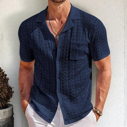 Attraco Men's Short Sleeve Textured Knit Camp Collar Button Front Shirt Summer Tops