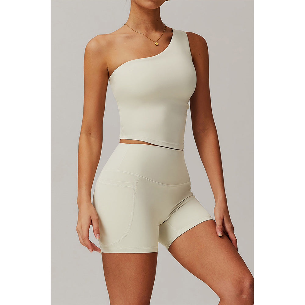 Attraco Women's One Shoulder Ruched Cropped Sports Tank Top with Removable Pads Yoga Tops