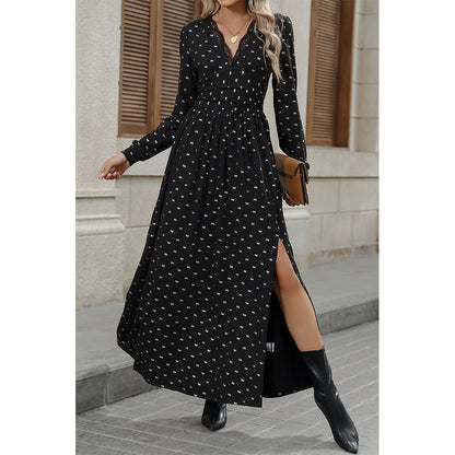 Attraco Women Lace Trim V Neck Allover Bow Print Long Sleeve Side Slit Maxi Dress