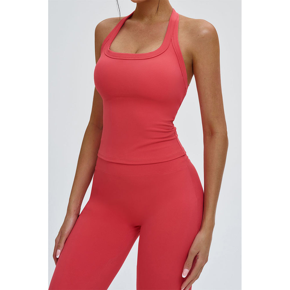 Attraco Women's Square Neck Halter T-Back Longline Sports Tank Top with Removable Pads Yoga Tops