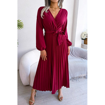 Attraco Women Wrap V Neck Belted Long Balloon Sleeve Pleated Midi Dress