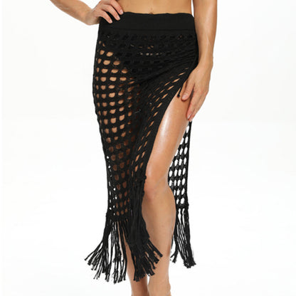 Charmo Women's Crochet Openwork Slit Hem Fringe Beach Cover Up Skirt
