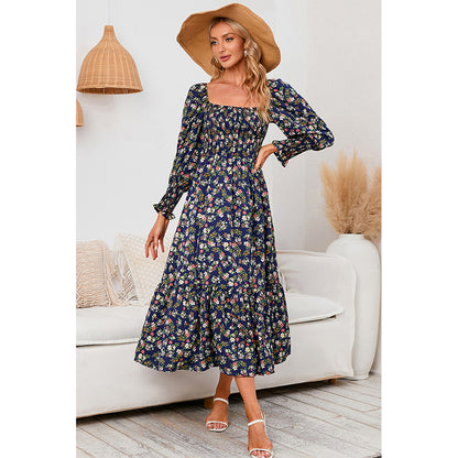 Attraco Women Square Neck Smocked Long Sleeve Tiered Midi Floral Print Dress