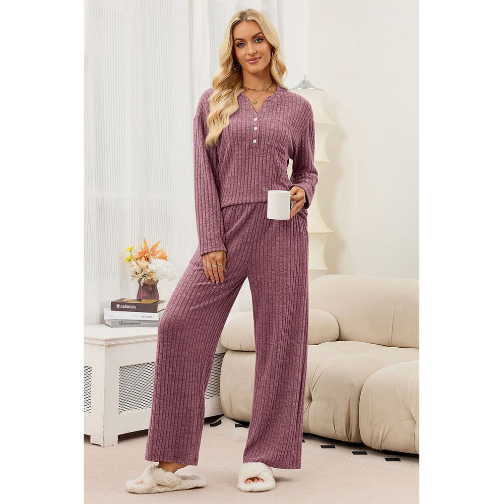 Attraco Women's Ribbed Pajama Set 2 Piece Lounge Set Long Sleeve Henley Top Wide Leg Pants Soft Knit Sleepwear