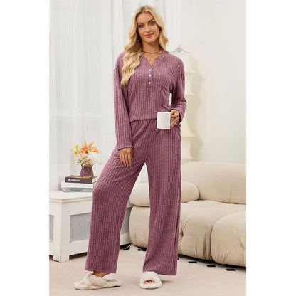 Attraco Women's Ribbed Pajama Set 2 Piece Lounge Set Long Sleeve Henley Top Wide Leg Pants Soft Knit Sleepwear