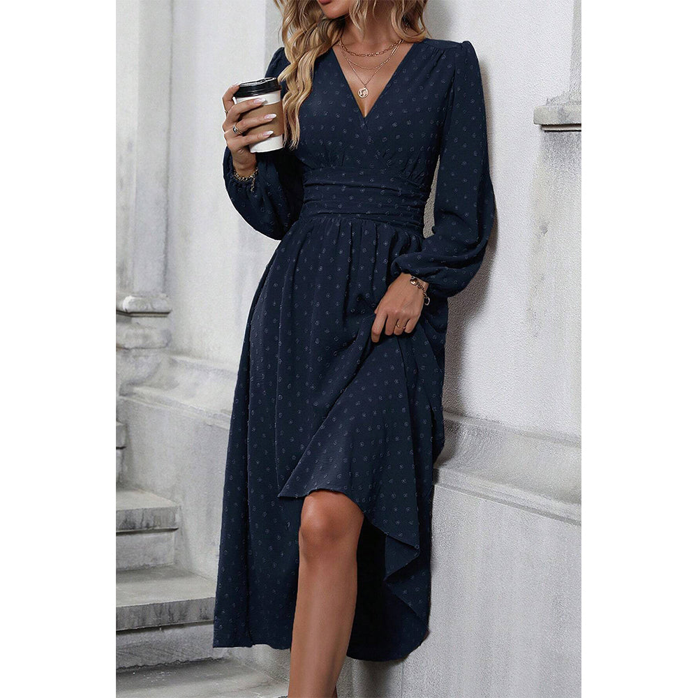 Attraco Women V Neck Bubble Dot Midi Dress Long Balloon Sleeve Ruched Waist Flowy Dress