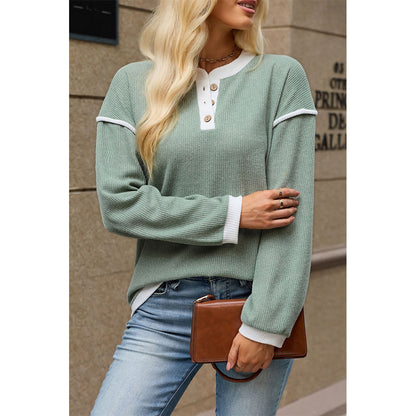 Attraco Women's Contrast Trim Henley Neck Long Sleeve Knit Top