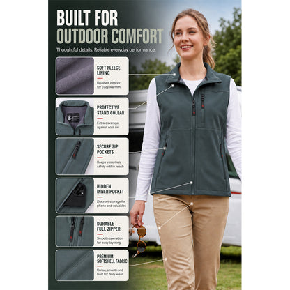 Attraco Unisex Fleece Lined Softshell Vest Full Zip Windproof Outdoor Vest with Zipper Pockets