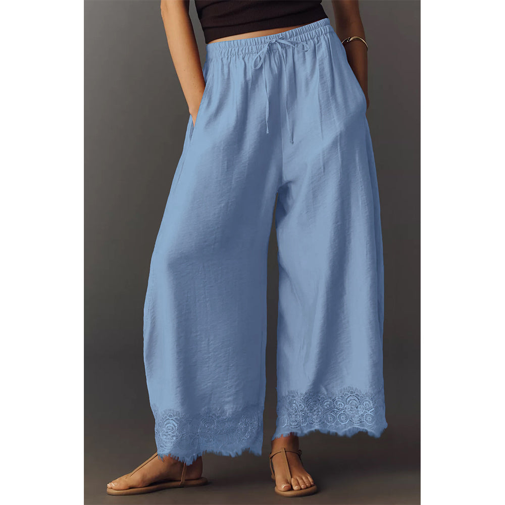 Attraco Women Elastic Drawstring High Waist Wide Leg Cropped Pants with Side Pockets and Lace Hem