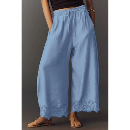 Attraco Women Elastic Drawstring High Waist Wide Leg Cropped Pants with Side Pockets and Lace Hem