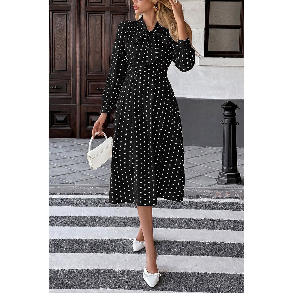 Attraco Women Bow Tie Neck Long Sleeve Polka Dot Midi Dress