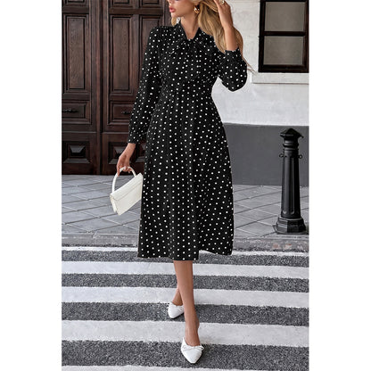 Attraco Women Bow Tie Neck Long Sleeve Polka Dot Midi Dress