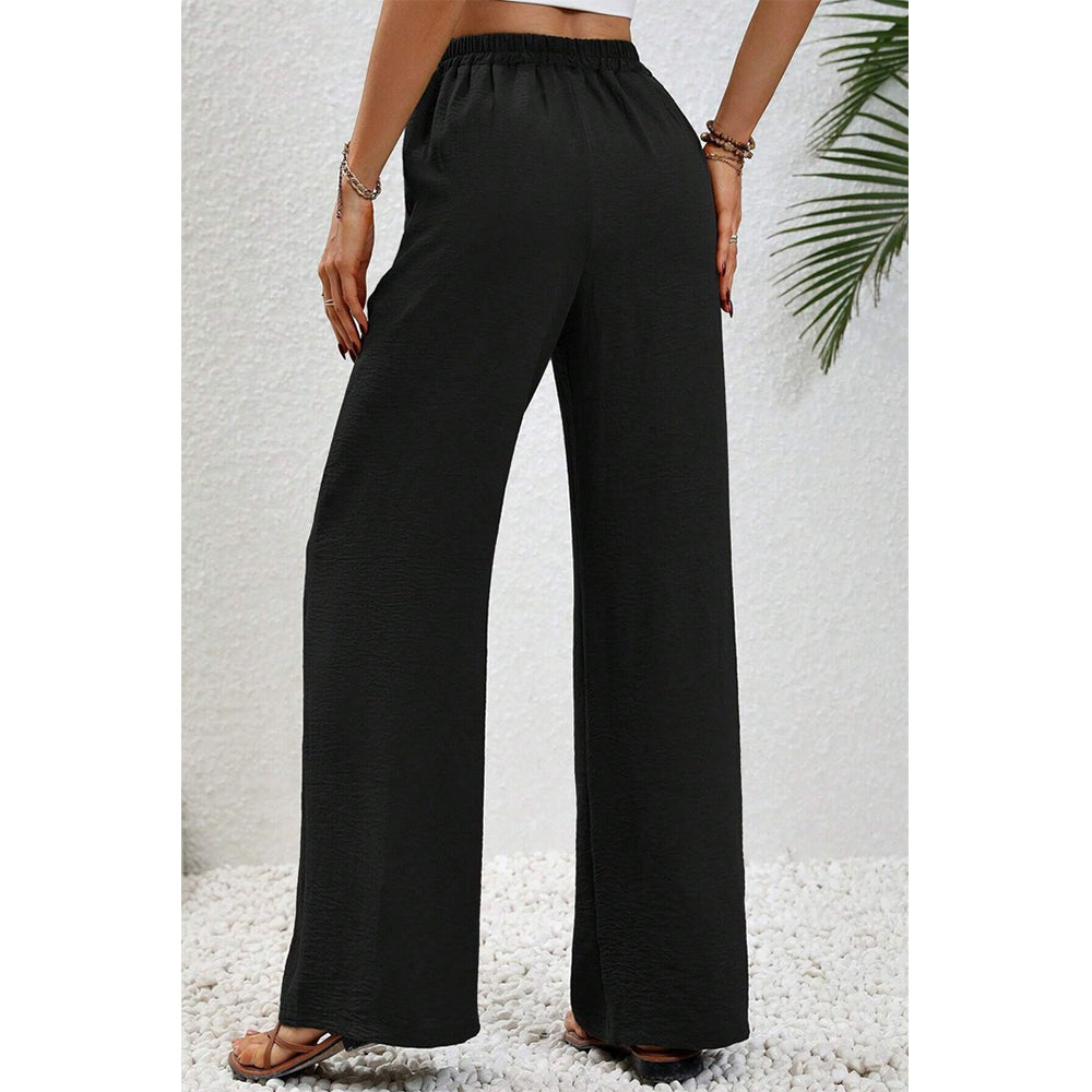 Attraco Women Elastic Drawstring High Waist Wide Leg Pants with Side Pockets