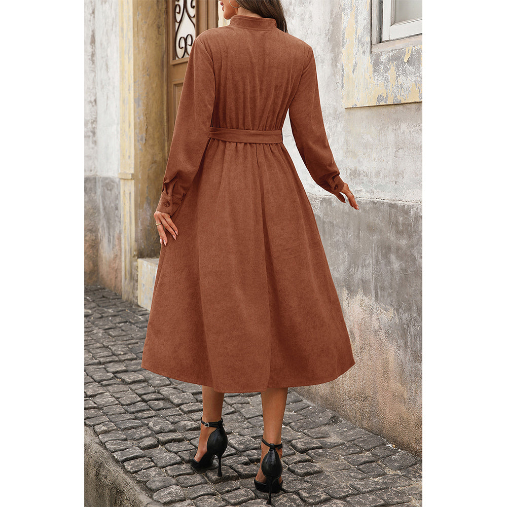 Attraco Women Notch V Neck Corduroy Midi Dress Long Sleeve Button Front Self Tie Waist A Line Dress
