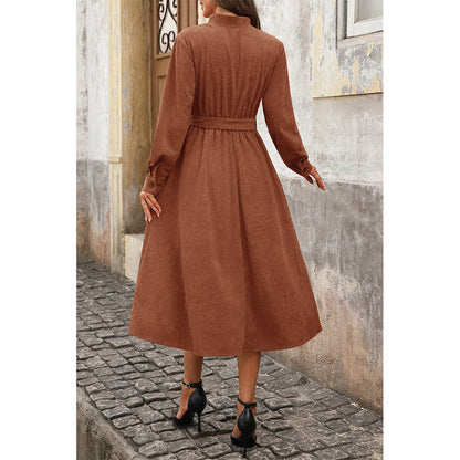 Attraco Women Notch V Neck Corduroy Midi Dress Long Sleeve Button Front Self Tie Waist A Line Dress