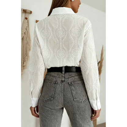 Attraco Women's Floral Embroidered Long Sleeve Button Down Blouse Collared Shirt