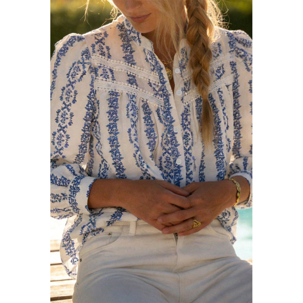 Attraco Women's Floral Embroidered Long Sleeve Button Down Blouse Mandarin Collar Shirt