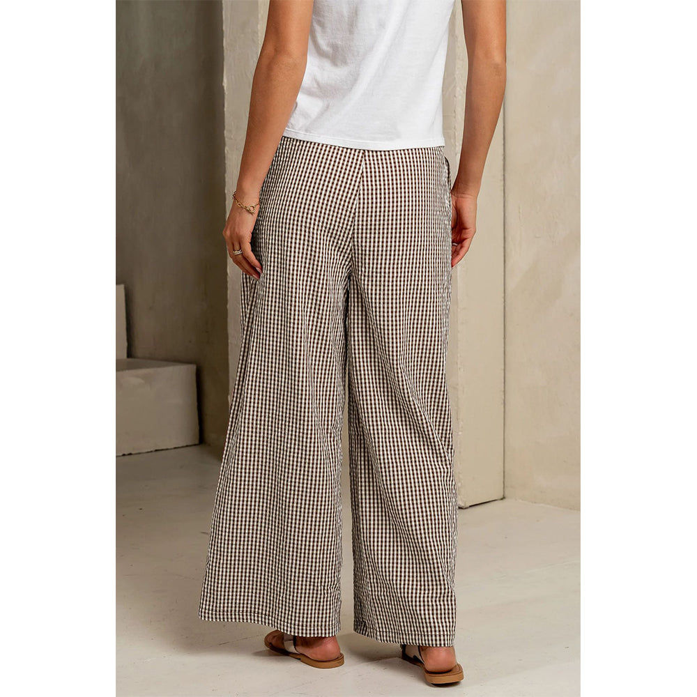 Attraco Women's Gingham Wide Leg Pants with Drawstring Waist & Pockets