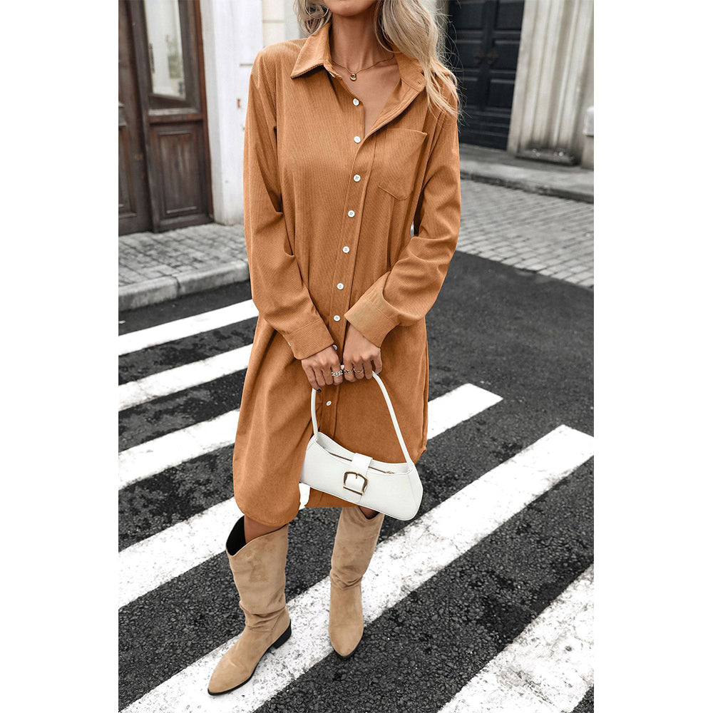 Attraco Women's Corduroy Shirt Dress, Solid Long Sleeve Button-Down Long Dress with Collar