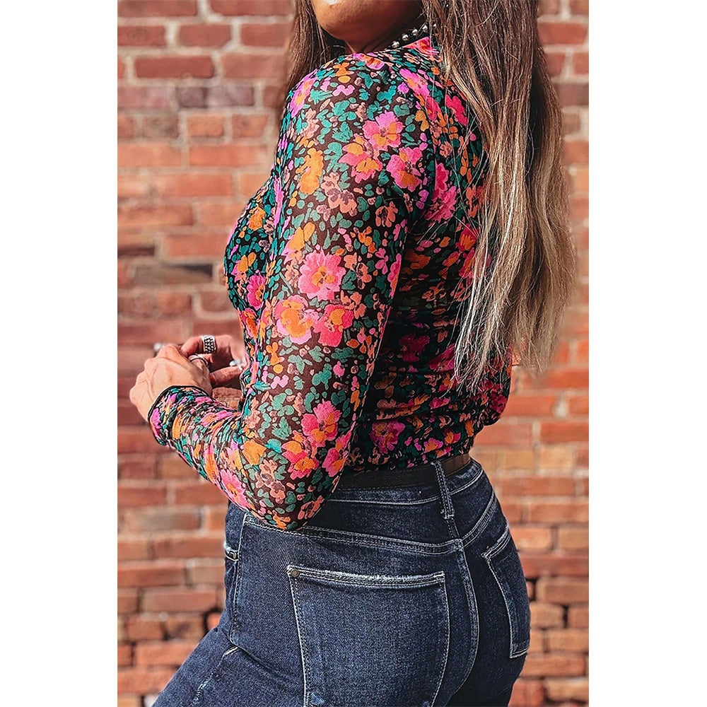 Attraco Women's Floral Mesh Long Sleeve Mock Neck Fitted Top with Stretch Fabric