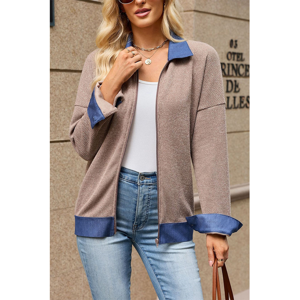 Attraco Women's Contrast Trim Zip-Up Sweatshirt Jacket, Long Sleeve Collared Relaxed Fit