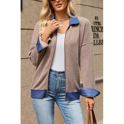 Attraco Women's Contrast Trim Zip-Up Sweatshirt Jacket, Long Sleeve Collared Relaxed Fit